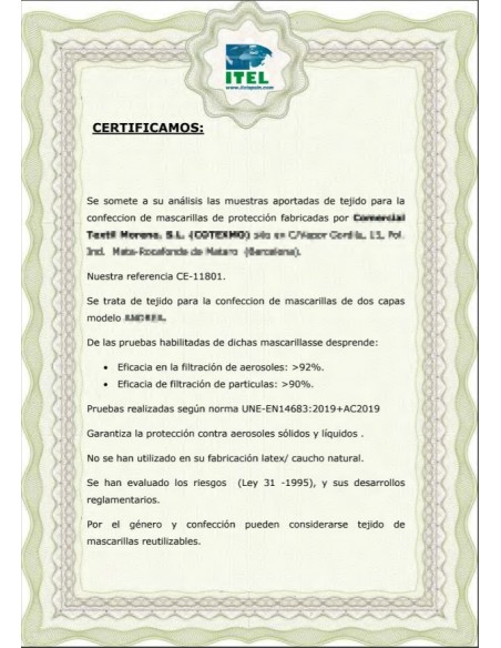 Certificado Tejido Mascarilla Higiénica Reutilizable
